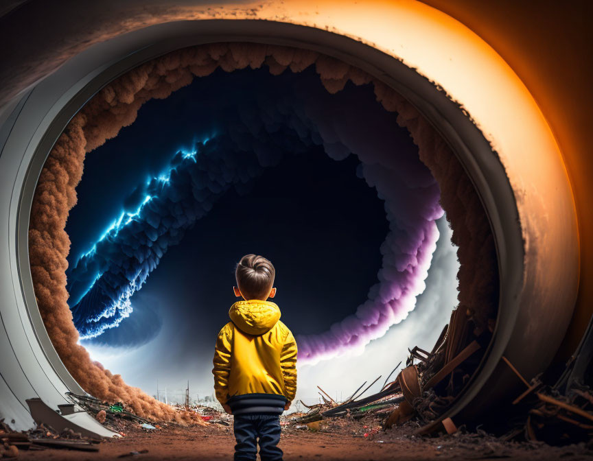 Child in Yellow Jacket Gazes at Lightning Storm Over Desolate Landscape