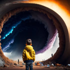 Child in Yellow Jacket Gazes at Lightning Storm Over Desolate Landscape