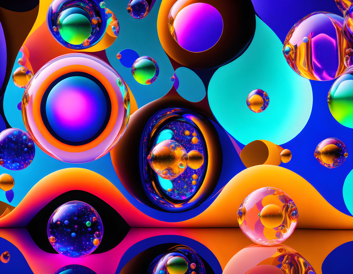 Colorful Psychedelic Digital Art: Glossy Spheres and Swirling Shapes