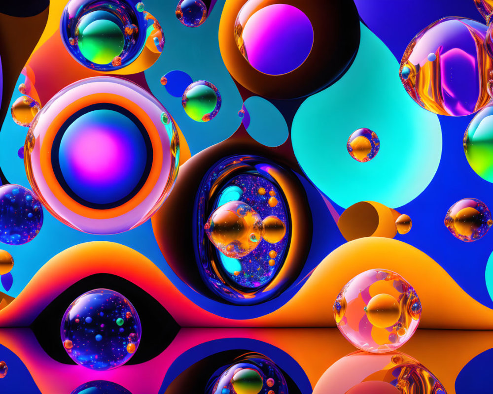 Colorful Psychedelic Digital Art: Glossy Spheres and Swirling Shapes