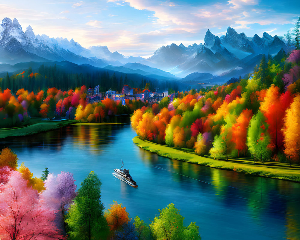 Colorful Autumn Landscape: River, Boat, Mountains, Village