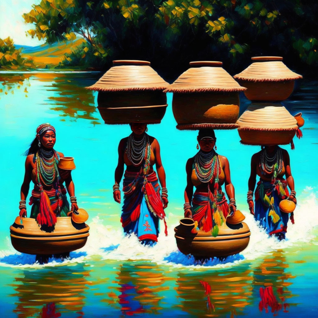 Vibrant painting: Four women in water with baskets, traditional attire.