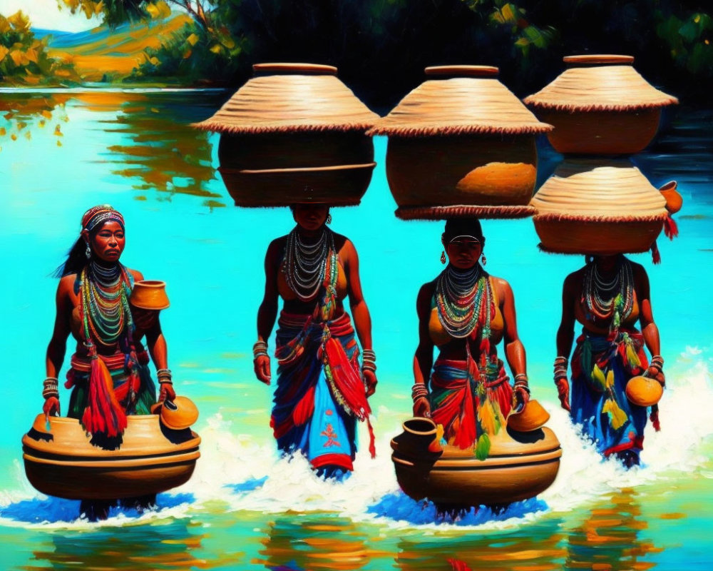 Vibrant painting: Four women in water with baskets, traditional attire.