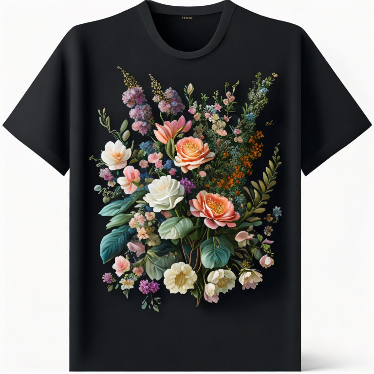 Vibrant assorted flowers print on black t-shirt