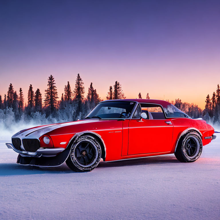 Red Vintage Sports Car Parked in Snowy Twilight Scene