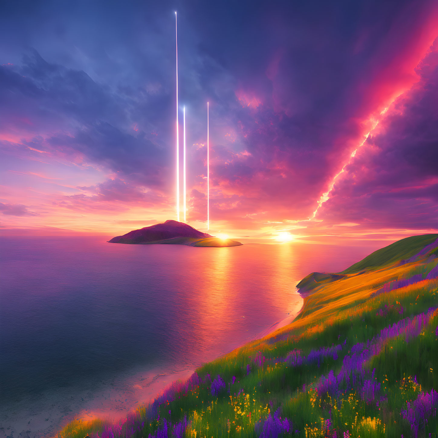 Colorful sunset over tranquil sea with island and light beams