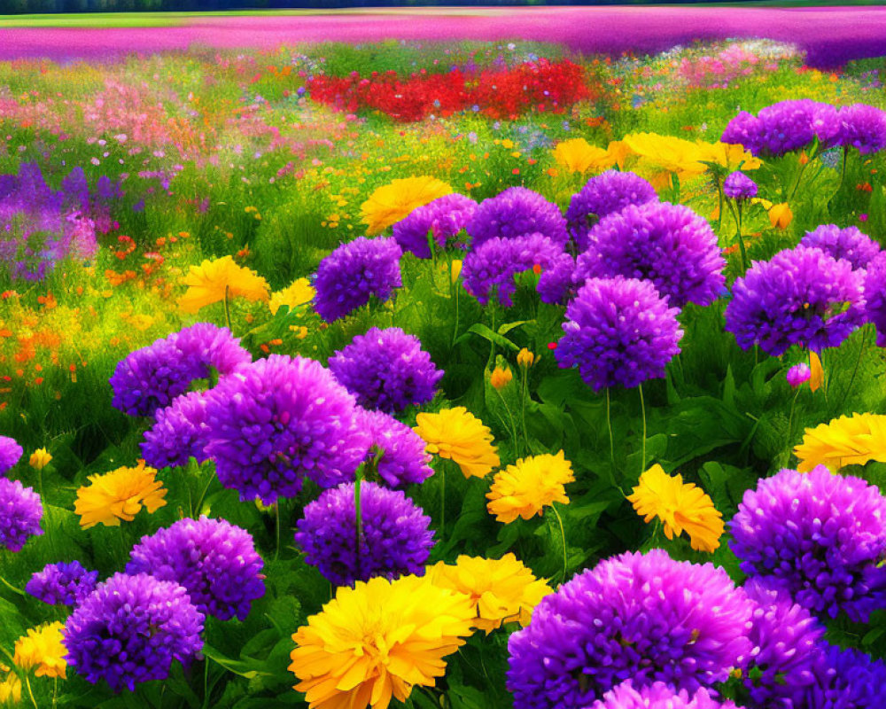 Colorful Flower Field and Blue Sky Landscape with Trees