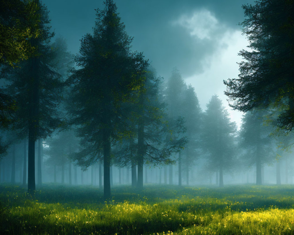 Sunlight Filtering Through Misty Forest onto Meadow of Yellow Flowers at Dusk