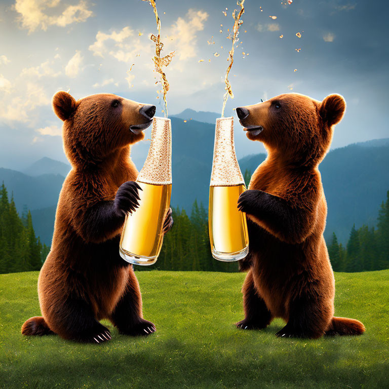 Bears toasting with beer in sunny meadow, mountains in background