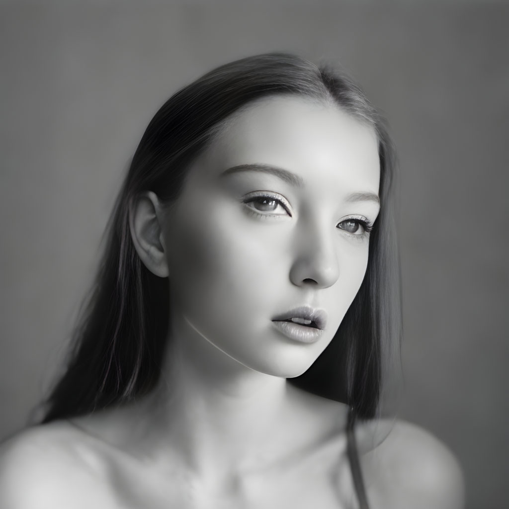 Serene black and white portrait of young woman gazes sideways