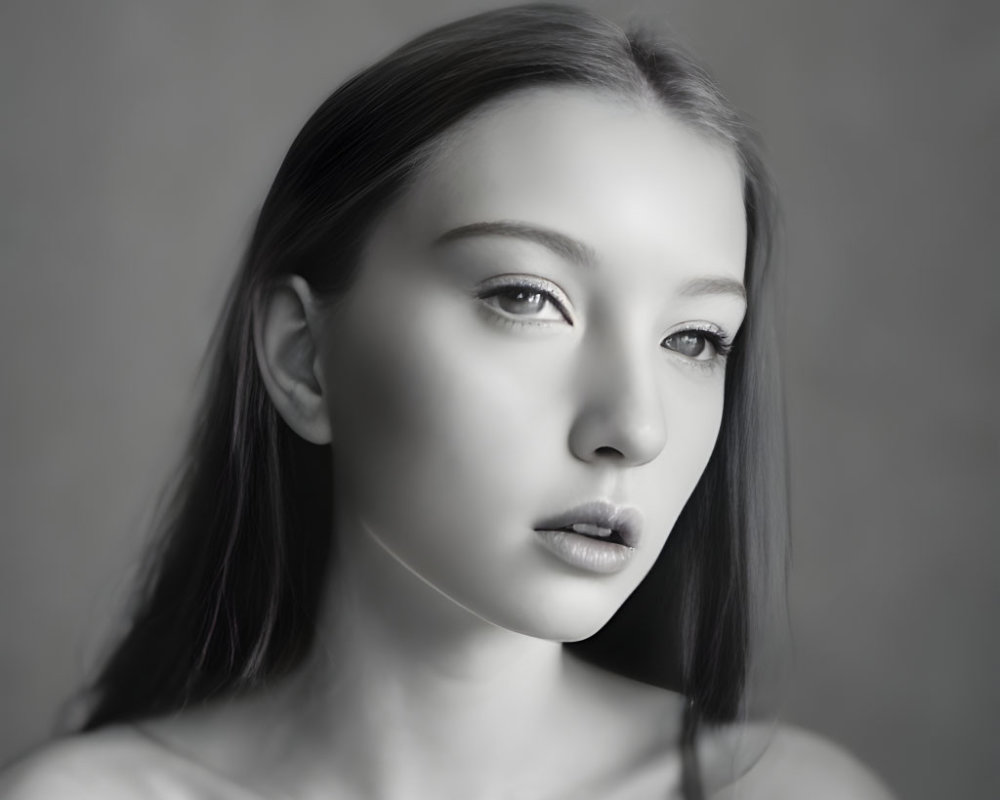 Serene black and white portrait of young woman gazes sideways