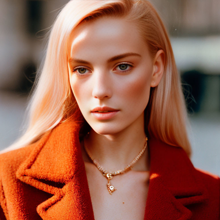 Blonde Woman in Red Coat with Delicate Necklace