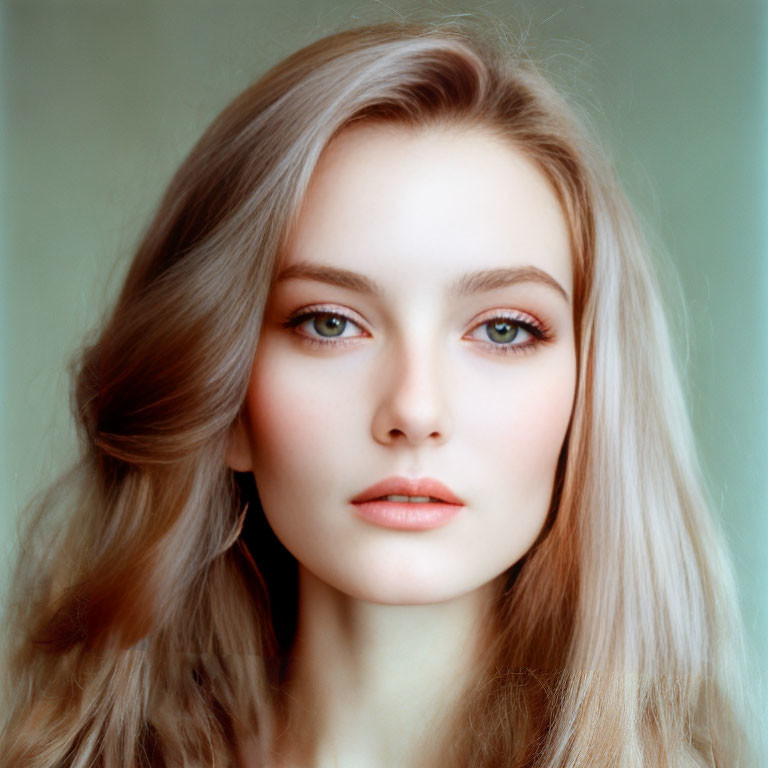 Portrait of woman with long brown hair and blue eyes