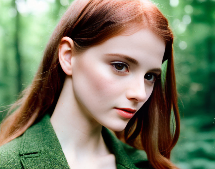 Red-haired woman in green jacket against forest backdrop