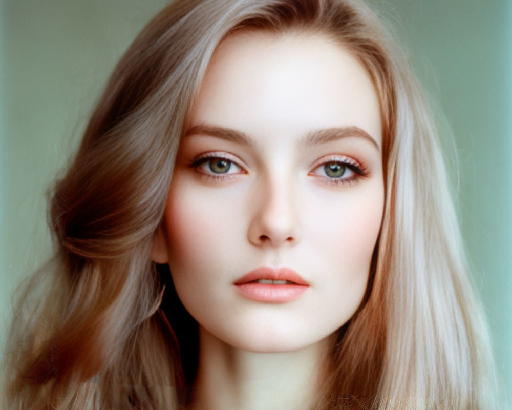 Portrait of woman with long brown hair and blue eyes