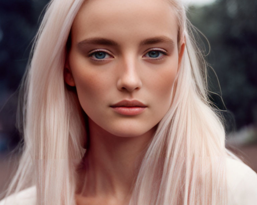 Portrait of woman with pastel pink hair and blue eyes.