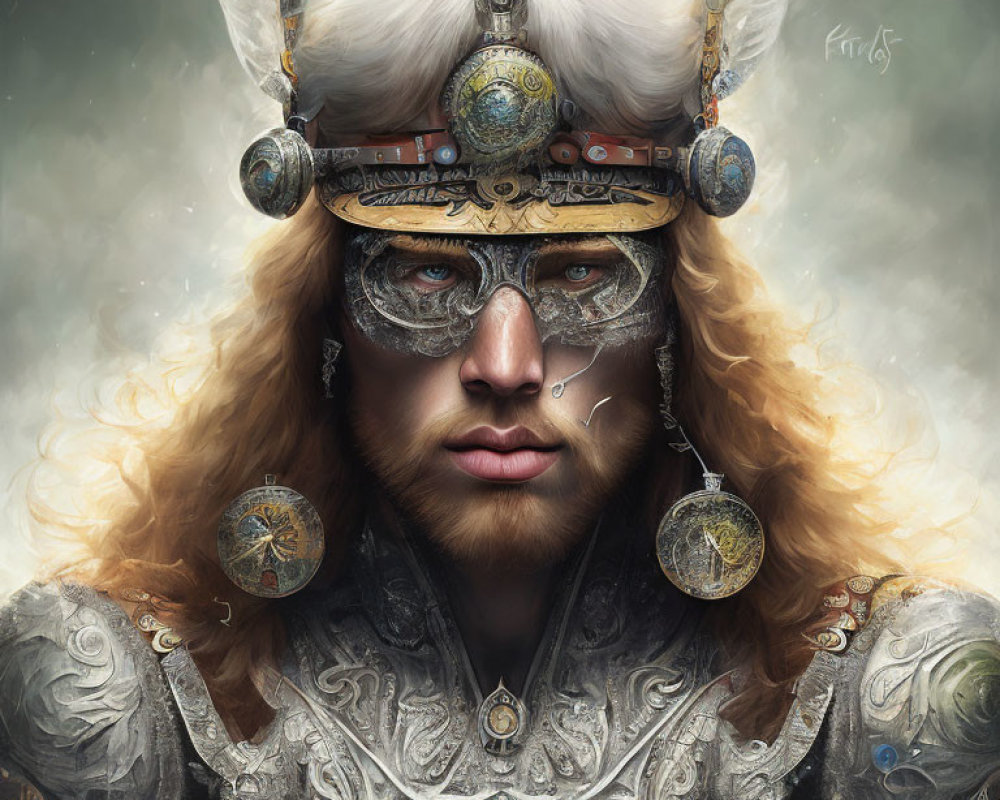 Fantasy portrait of a warrior with red hair, ornate helmet, and intricate armor