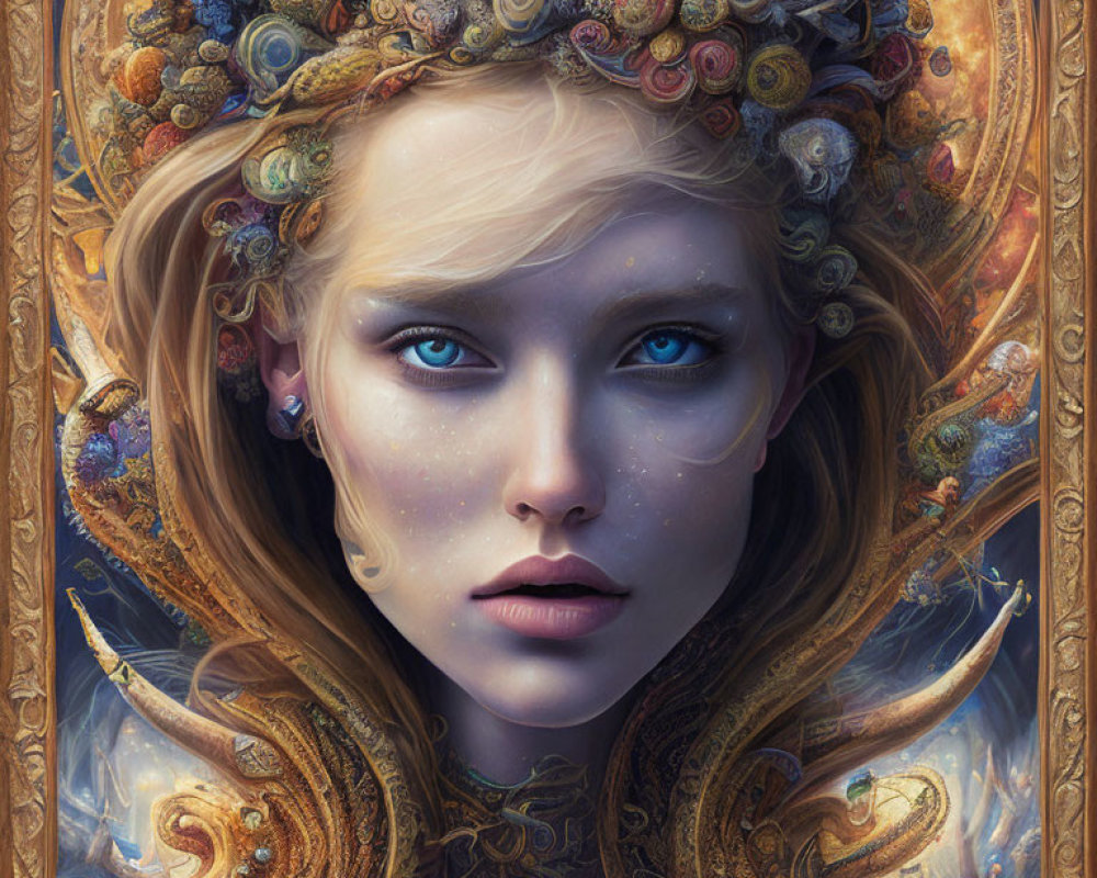 Fantasy portrait of woman with blue eyes, floral crown, golden frame, celestial motifs