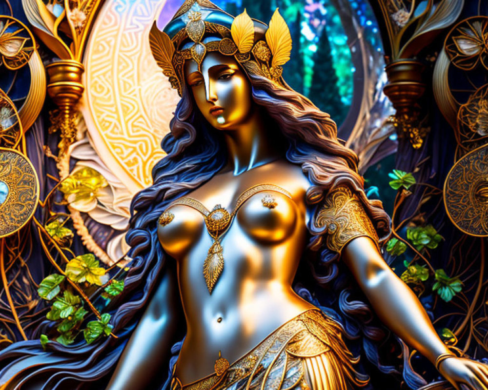 Majestic female figure with golden headgear on mystical blue backdrop