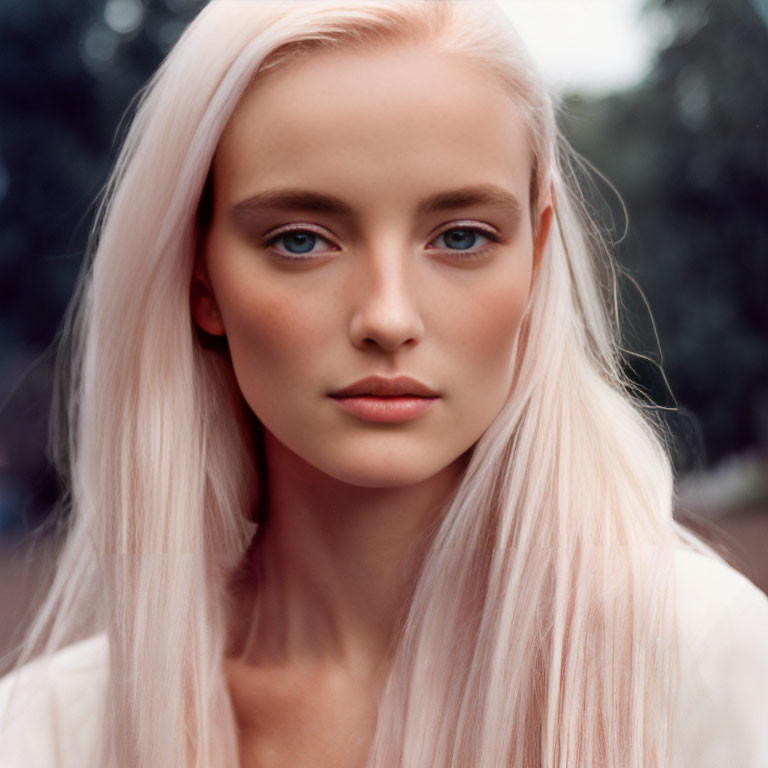 Portrait of woman with pastel pink hair and blue eyes.