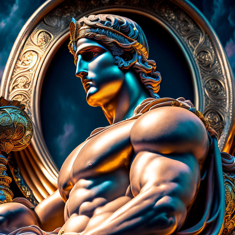 Dramatic statue of muscular male figure with laurel wreath on head against blue and orange backdrop