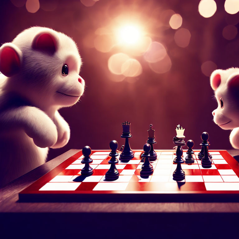 Animated creatures playing chess in dramatic bokeh light setting