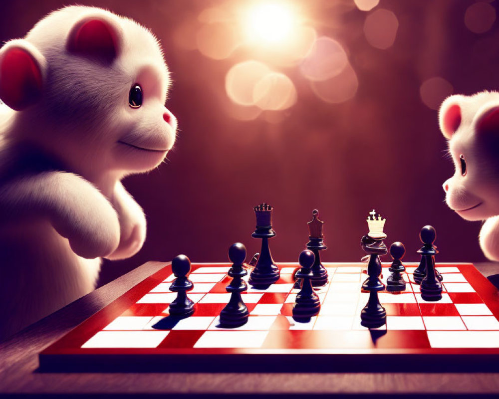 Animated creatures playing chess in dramatic bokeh light setting