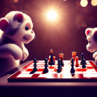 Animated creatures playing chess in dramatic bokeh light setting