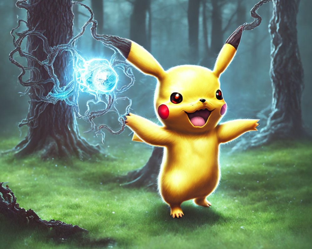 Electric Pikachu in forest with glowing tail and orb, amid misty trees