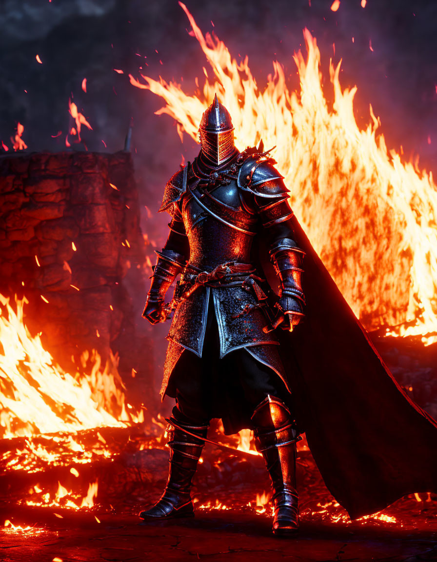 Knight in Full Armor Standing Before Blazing Fire