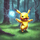 Electric Pikachu in forest with glowing tail and orb, amid misty trees