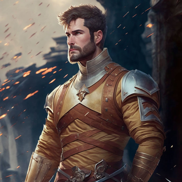 Knight in ornate armor with beard in heroic pose in digital artwork