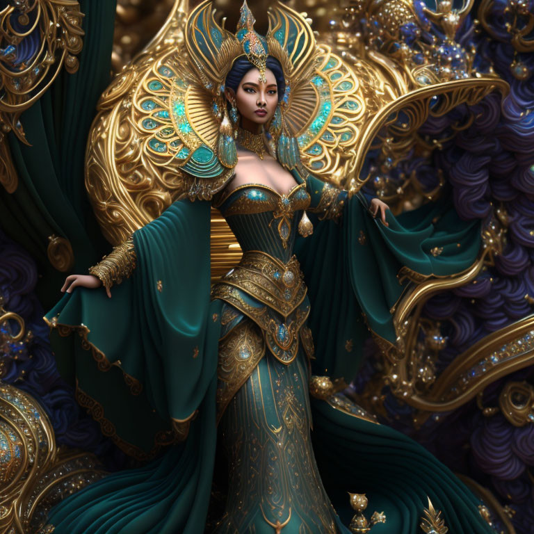 Opulent artwork featuring a woman in teal and gold gown with peacock motifs