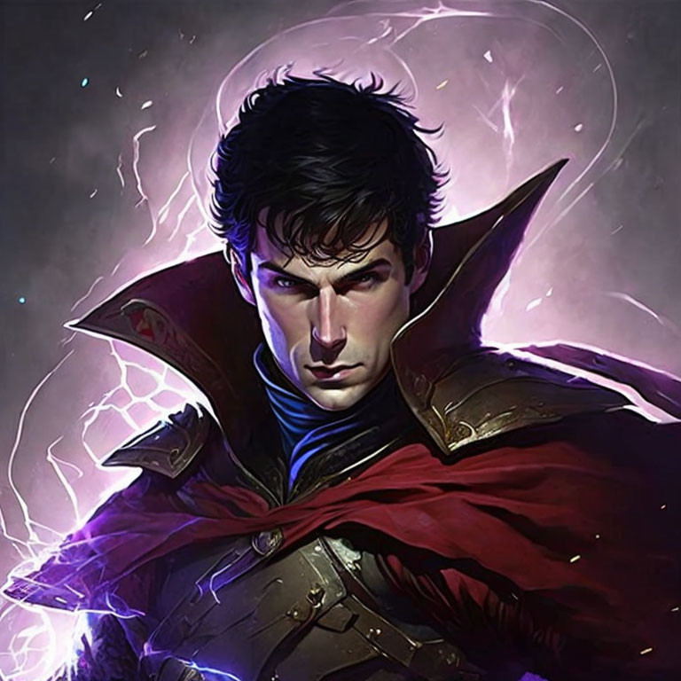 Male superhero digital artwork with red cape and purple magical energy