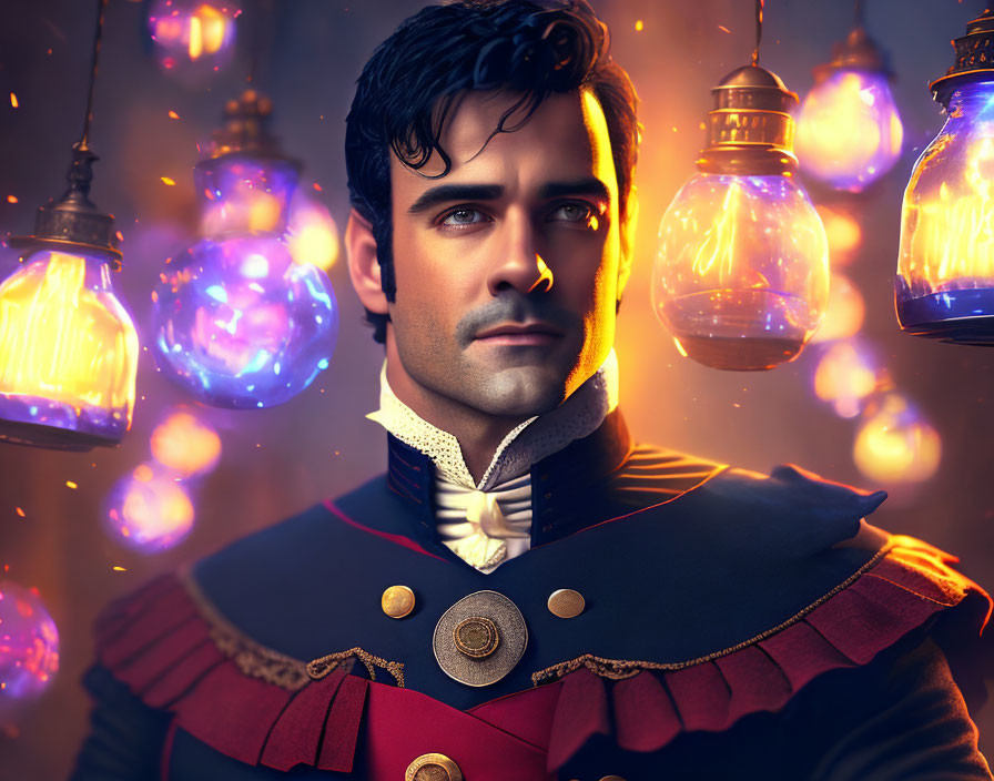 Stylized portrait of man in regal uniform with glowing light bulbs on warm-toned backdrop