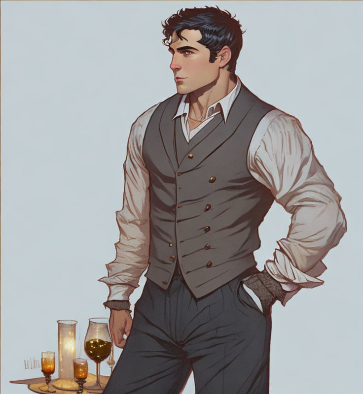 Man in vintage waistcoat and slacks with two glasses of amber liquid on table