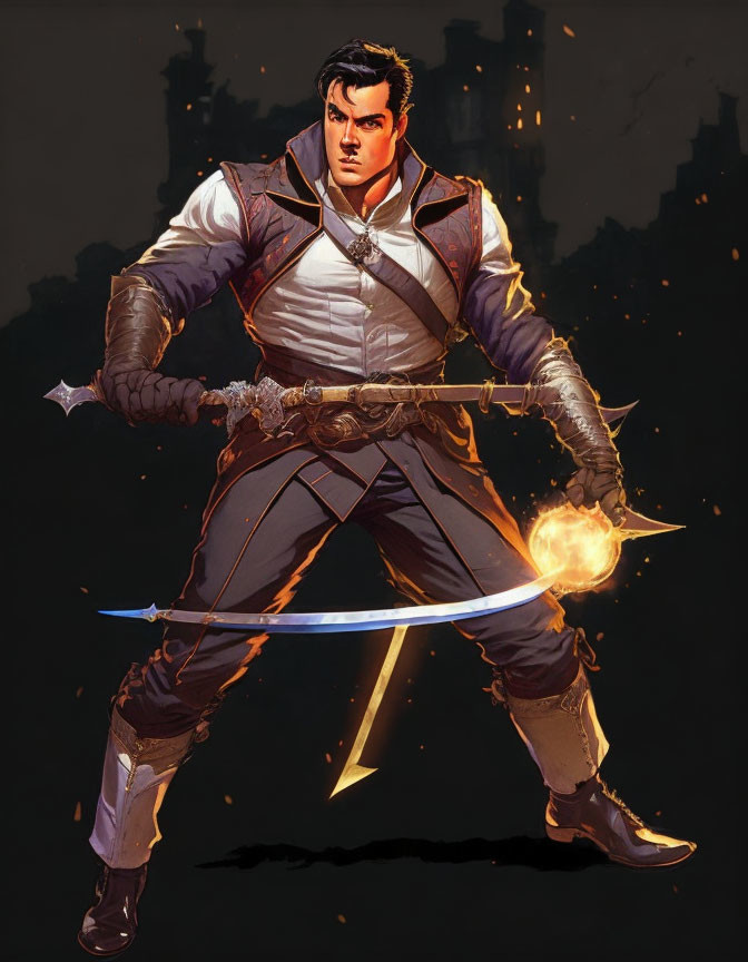 Fantasy character with glowing sword and magical energy in leather outfit