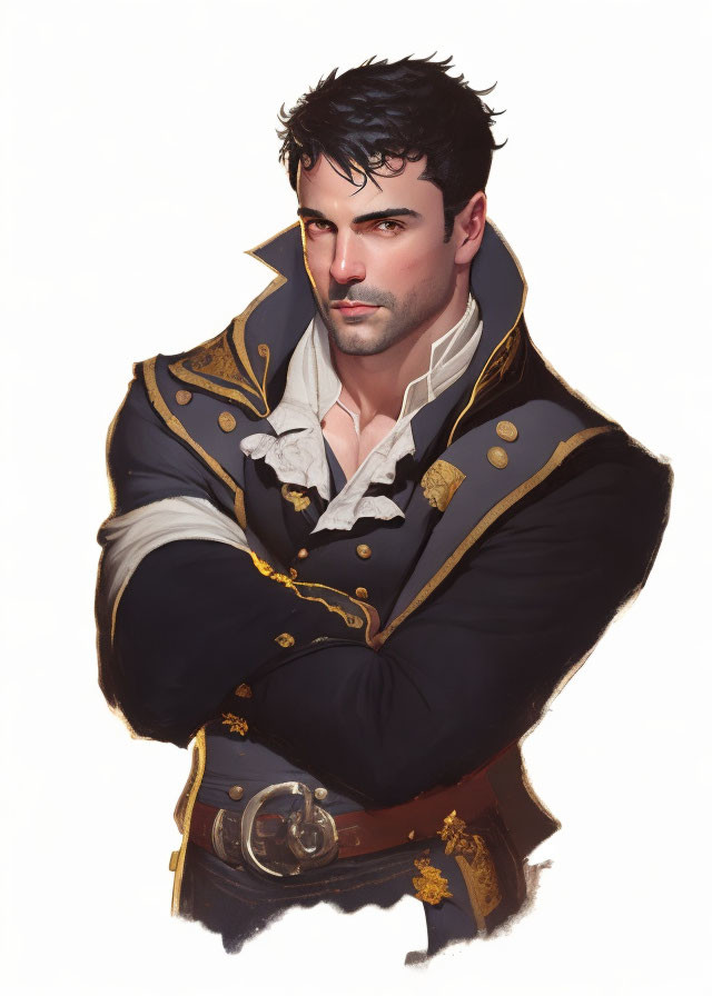 Confident man in navy and gold military-style jacket