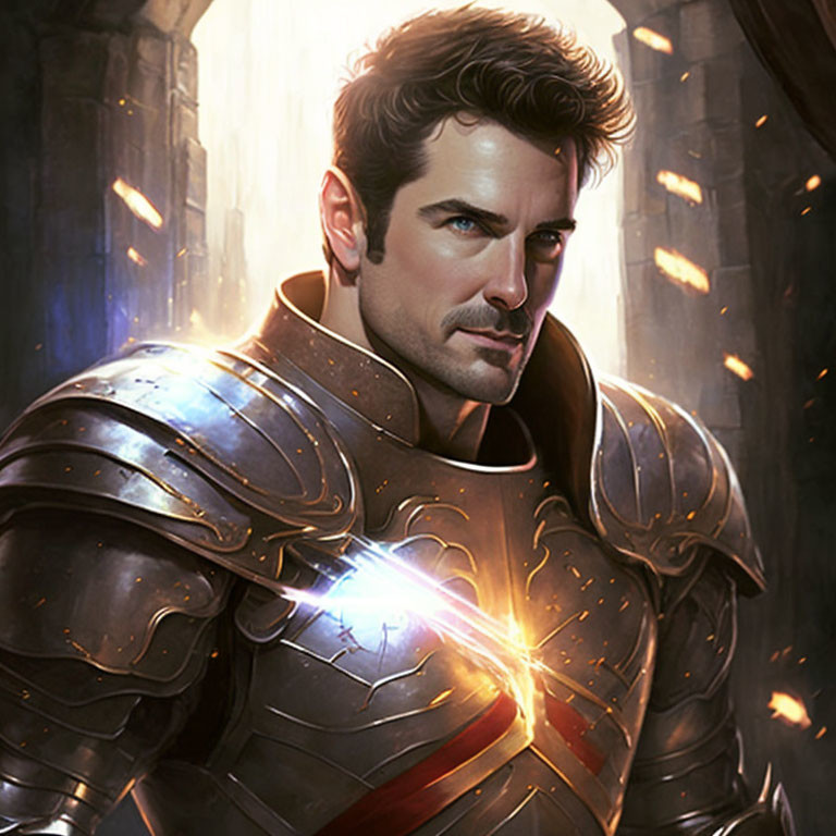 Knight with beard in shining armor and glowing chest illustration