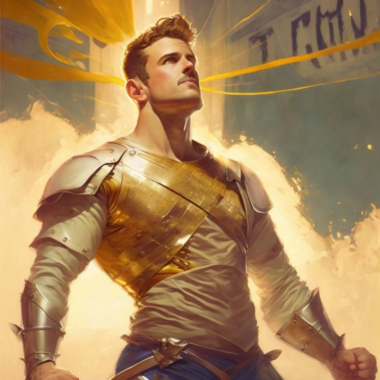 Medieval warrior in golden armor gazing upwards at sunset.