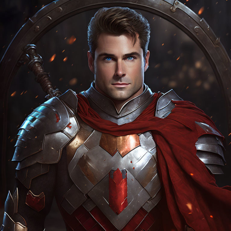 Digital artwork of heroic figure in silver armor with red cape, holding shield, surrounded by embers.