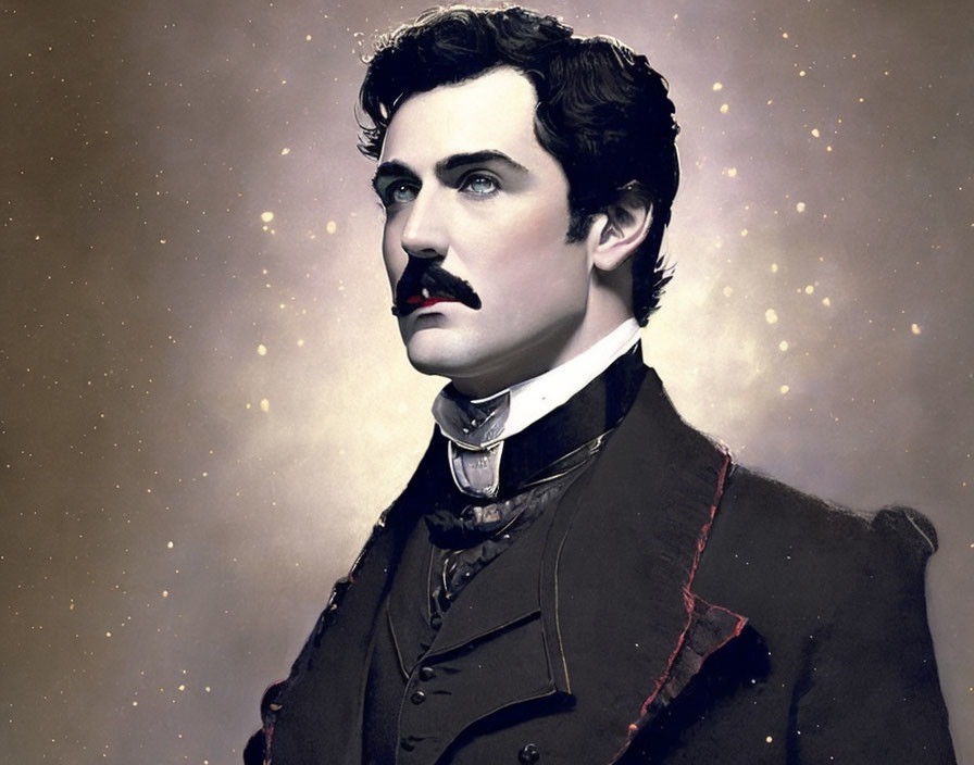 Stylized portrait of man with dark hair and mustache in Victorian attire against starry backdrop