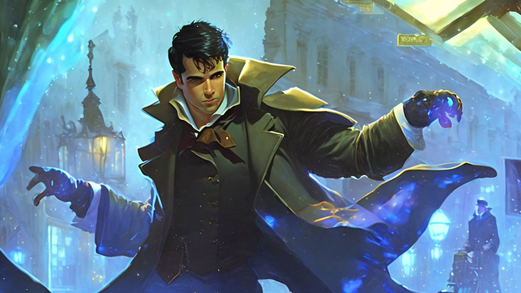 Dark-haired man casting a spell in magical cityscape illustration