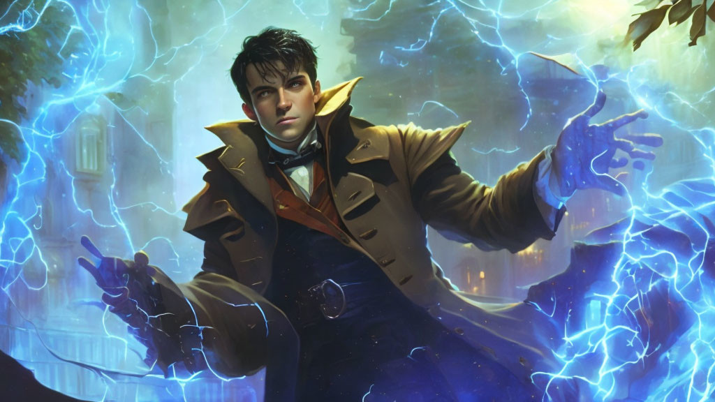 Dark-haired man in gold-trimmed coat wields blue magical energy in fantasy artwork.