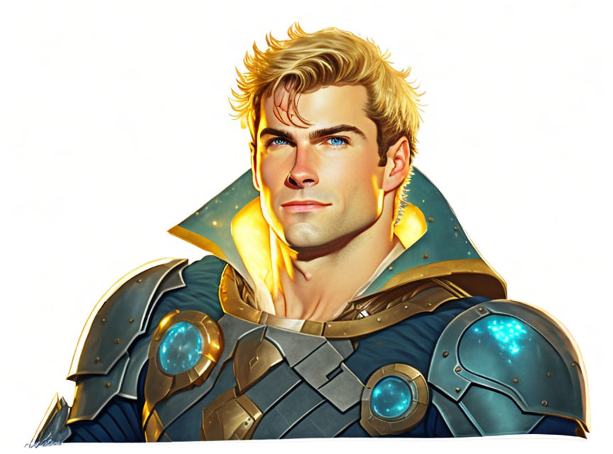 Heroic Figure in Blue and Gold Armor with Blond Hair and Blue Eyes