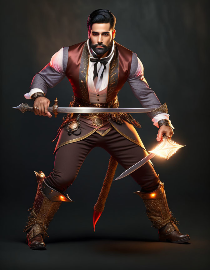 Fantasy-inspired man with glowing sword and ornate outfit