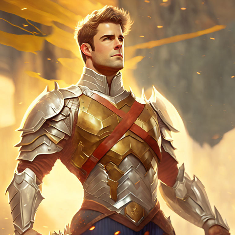 Heroic figure in silver and gold armor with red sash in warm backlit setting