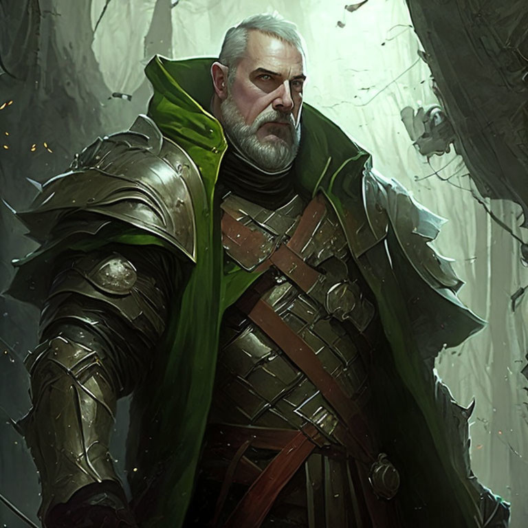 Bearded knight in plate armor with green cloak in shadowy setting