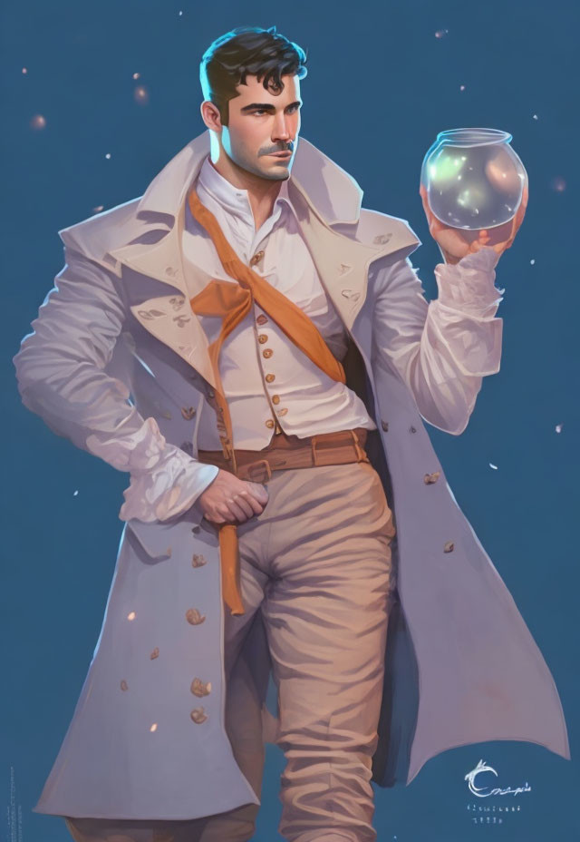 Bearded man in stylish attire holding glass sphere with stars on blue background