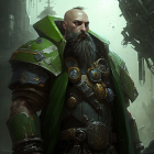 Bearded knight in plate armor with green cloak in shadowy setting